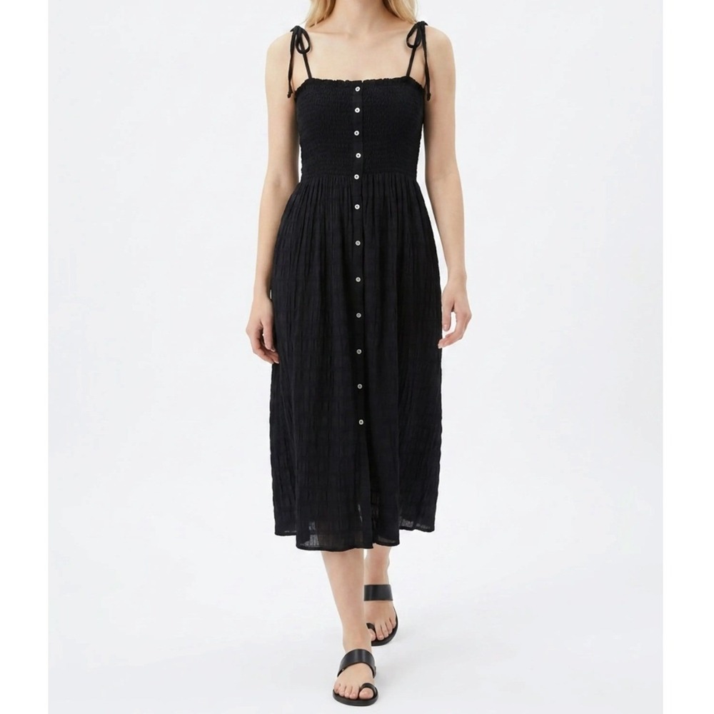 Aerie Midi Dress Smocked Tie Strap Button Large Black Boho Cotton Grunge Beach